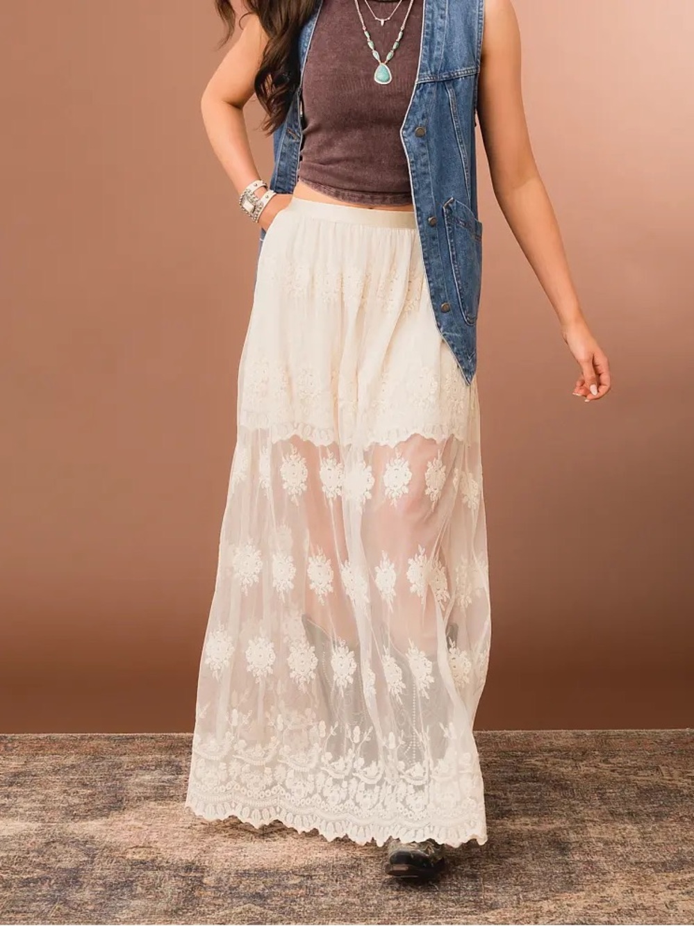 Sheer Lace Maxi Skirt Scalloped Extender Peak-a-boo Romantic Layer Bride Western